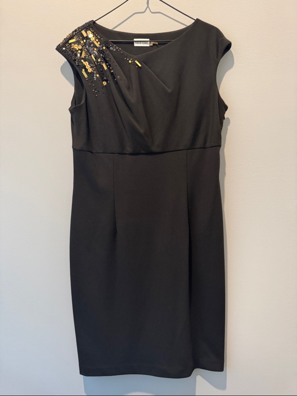 Marvin Richards Cocktail Black One-Shoulder Sheath Dress with Gold Embellishment